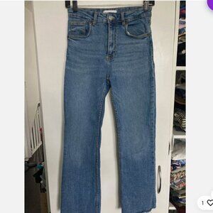 Zara Light Blue High Waist Ankle Straight Frayed Raw Hem Cotton Jeans